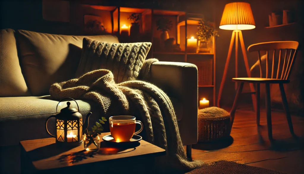 A nighttime living room scene with dim lighting, a cozy sofa draped with a blanket, a warm cup of herbal tea on a side table, and candles glowing softly, creating a relaxing evening atmosphere.