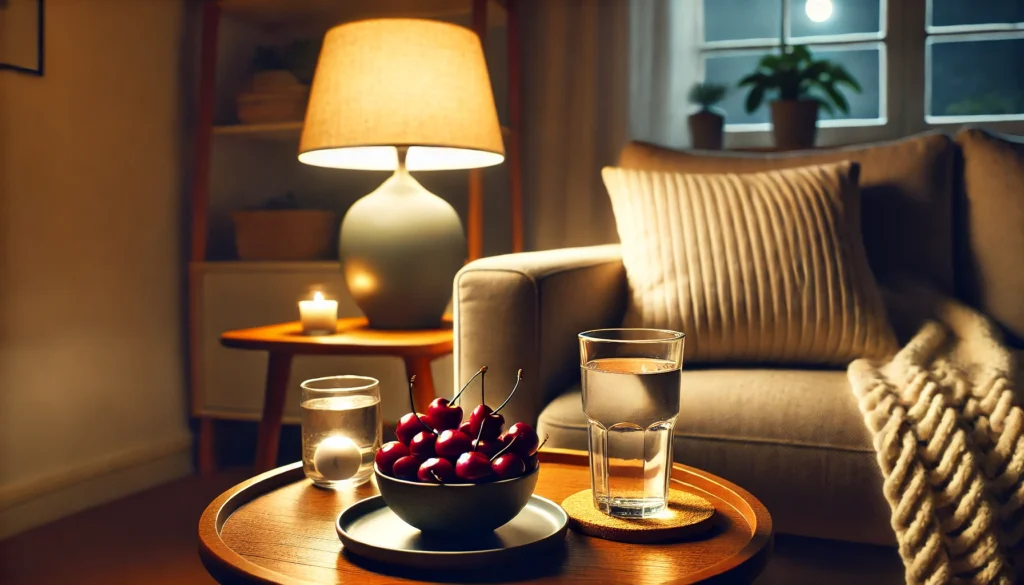 A cozy living room at night with a soft table lamp glow. A coffee table features a bowl of fresh cherries and a glass of water, highlighting a healthy and light late-night snack in a relaxing atmosphere.