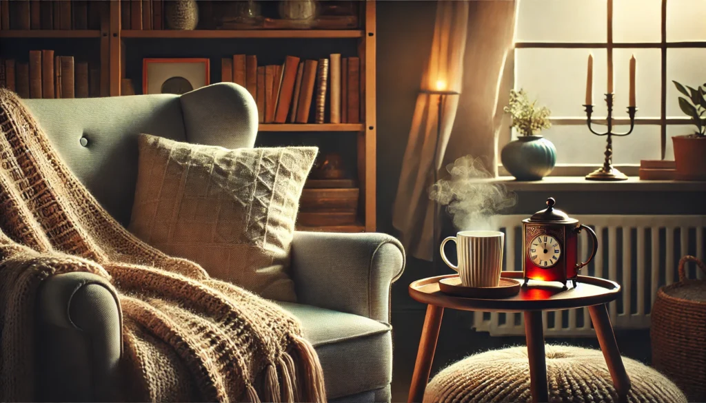 A cozy living room featuring a soft armchair with a warm throw blanket, a steaming cup of tea on a side table, and a large window letting in gentle evening light. A bookshelf in the background adds to the relaxing and inviting ambiance.