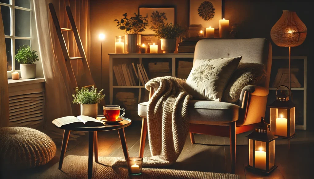 A tranquil living room with dimmed lighting, featuring a cozy armchair with a soft blanket, a small table holding chamomile tea and a book, surrounded by candles and a potted plant, creating a peaceful pre-sleep environment.