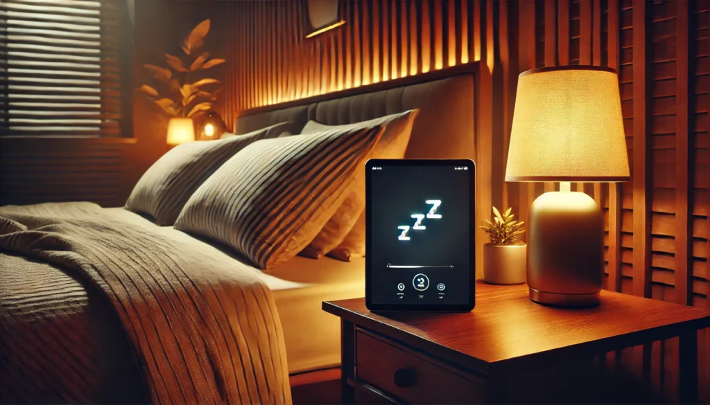 A relaxing nighttime bedroom setup featuring a neatly made bed with soft pillows, warm ambient lighting, and a bedside table holding a tablet with a blank black screen. The minimalist decor highlights tranquility and modern simplicity.