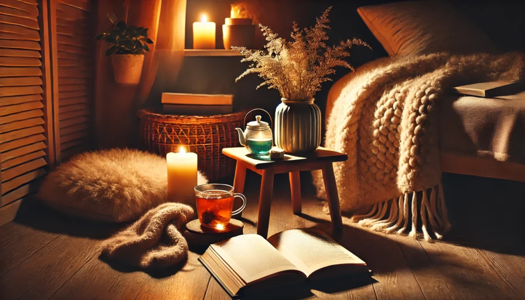 An inviting nighttime setup featuring a dimly lit corner with a book, herbal tea, and a candle on a small table. A fluffy blanket draped over a chair completes the serene atmosphere, set against a warm, glowing background perfect for relaxation and winding down before bed.