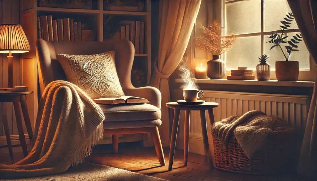 A tranquil reading nook by a window, featuring a soft armchair, a warm blanket, and a small table holding a steaming cup of tea. The scene is softly illuminated with warm light, creating a peaceful environment ideal for establishing positive pre-sleep associations, with no text or overlays.