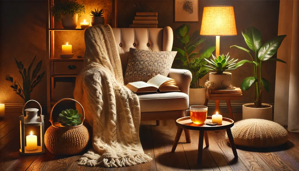 A cozy reading corner featuring a plush armchair, a soft throw blanket, and a side table with a cup of herbal tea and an open book. Warm lighting and natural wood tones, complemented by potted plants, create a calming ambiance perfect for unwinding before sleep.