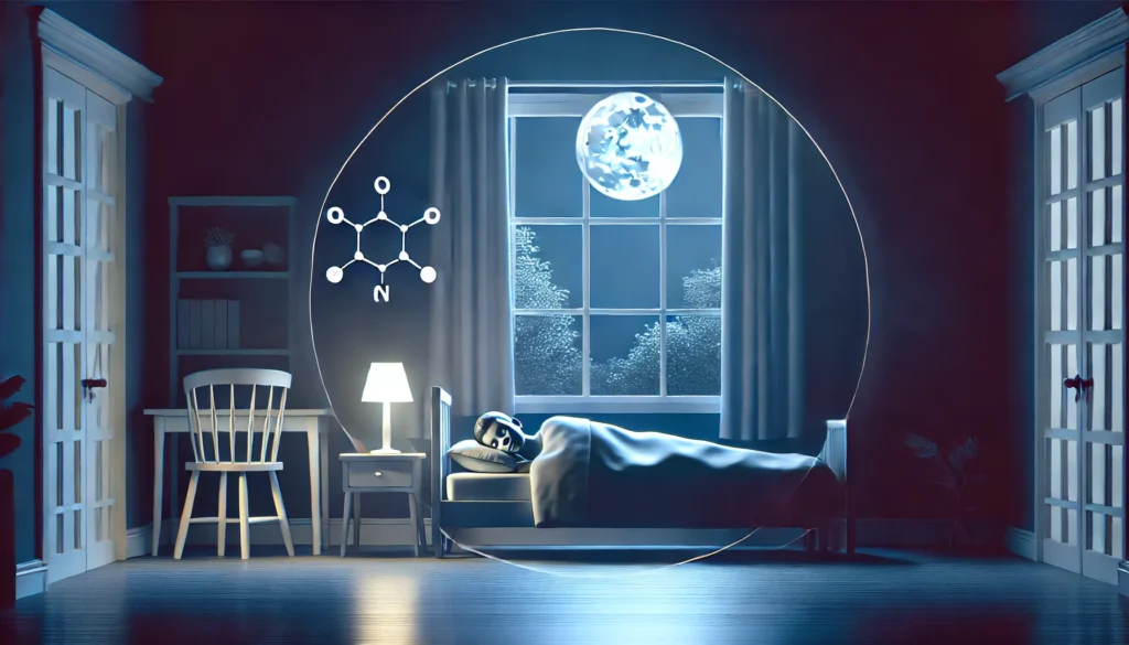 A serene night scene of a person sleeping peacefully in a cozy bedroom, softly illuminated by moonlight, symbolizing the natural regulation of melatonin for restful sleep.