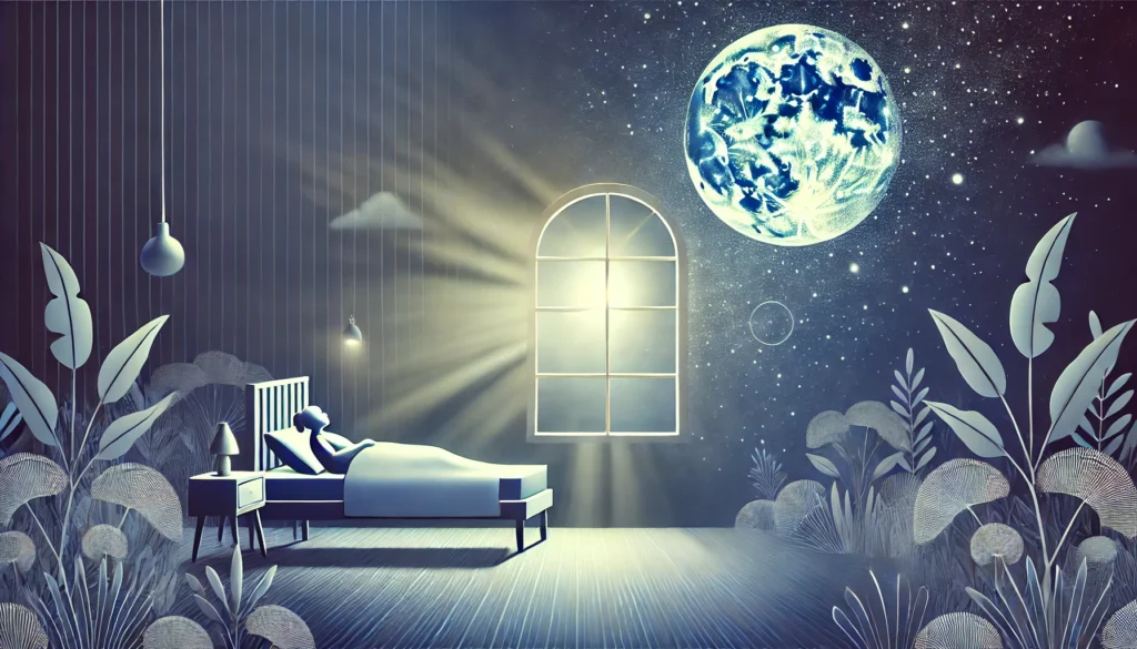 A serene bedroom scene at night with soft moonlight streaming through a window and a person peacefully sleeping, symbolizing the restorative benefits of sleep for cognitive restoration.