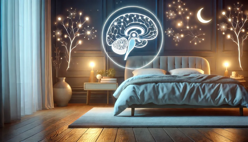 A serene bedroom scene at night with soft ambient lighting, a cozy bed, and a peaceful atmosphere, symbolizing the hypothalamus's role in regulating sleep-wake cycles for optimal rest.