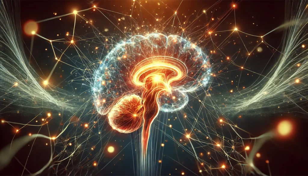 An artistic representation of the hypothalamus in the human brain, glowing and interconnected with neural pathways, symbolizing its role in sleep regulation and circadian rhythms.