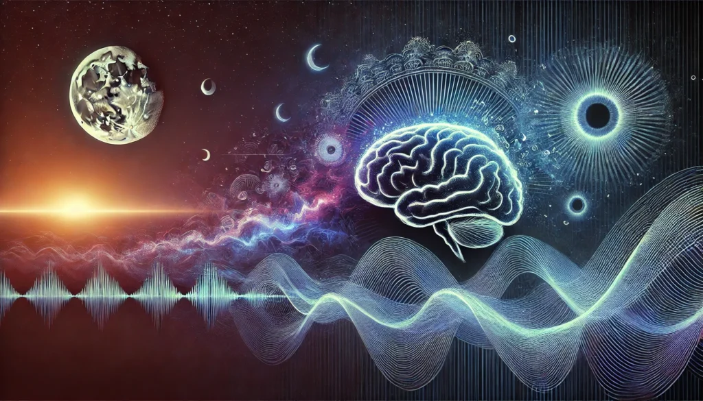 A visually detailed artistic illustration depicting the stages of sleep cycles, featuring a conceptual portrayal of brain activity during REM and non-REM phases, with vibrant and dynamic elements symbolizing cognitive and restorative processes.