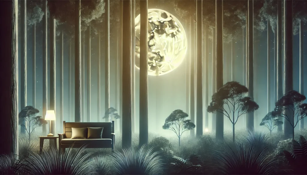 A serene forest scene illuminated by moonlight, symbolizing the natural rhythms and peaceful balance of sleep.