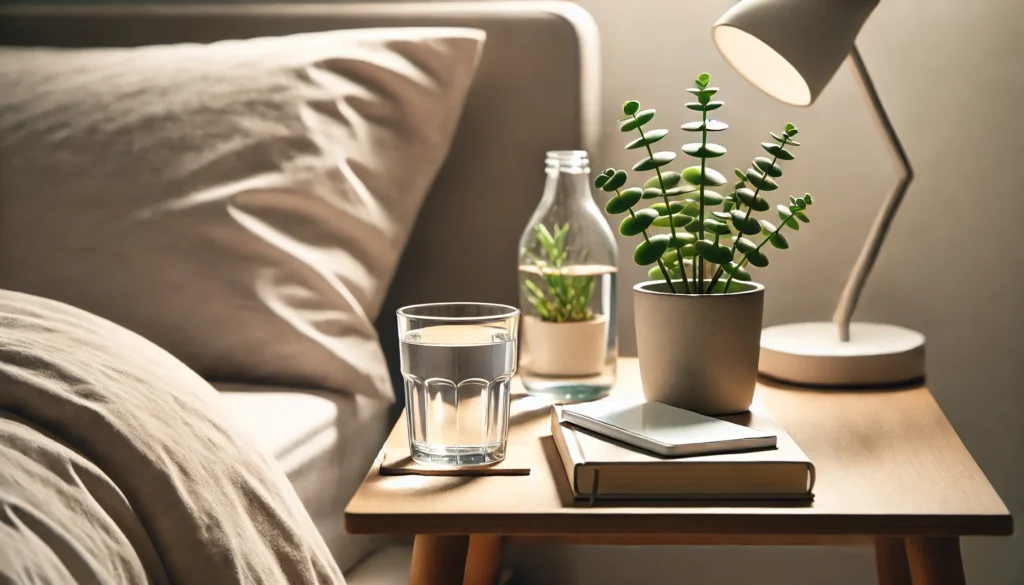 A clean bedside table with a glass of water, a book, and a potted plant, representing healthy sleep habits and a relaxing ambiance.