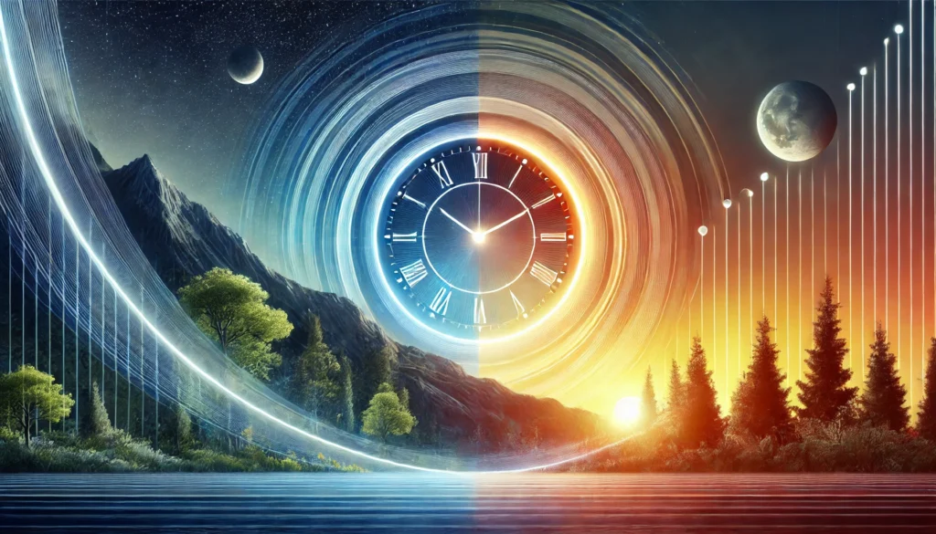 An abstract depiction of circadian rhythms with a glowing clock and a natural landscape transitioning from sunrise to night, symbolizing the sleep-wake cycle.