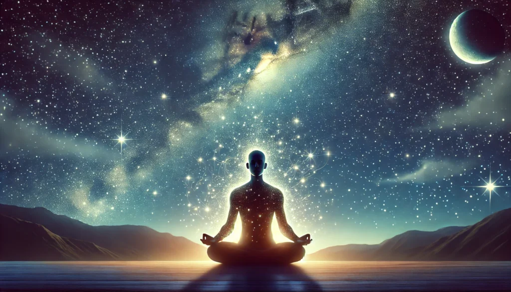 A conceptual image of a human silhouette meditating beneath a starry sky, symbolizing mindfulness, tranquility, and its connection to better sleep and cognitive health.