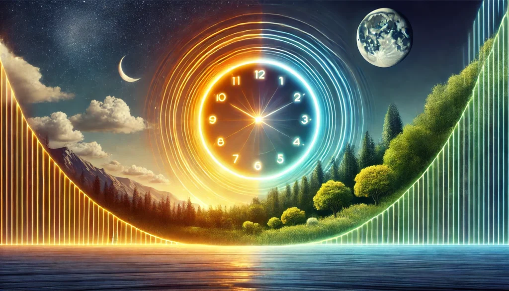 An abstract depiction of the circadian rhythm with a glowing clock and a landscape transitioning from sunrise to night, symbolizing the natural sleep-wake cycle.