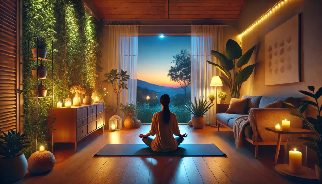 A tranquil living room at dusk with a person meditating on a mat, surrounded by soft lighting and greenery, symbolizing the use of mindfulness techniques to calm the mind for better sleep.