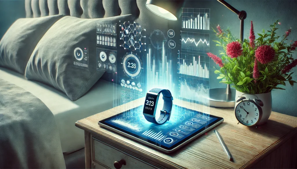 A conceptual image of a digital sleep tracker on a bedside table displaying abstract data visualizations, highlighting the role of technology in monitoring and enhancing sleep patterns.