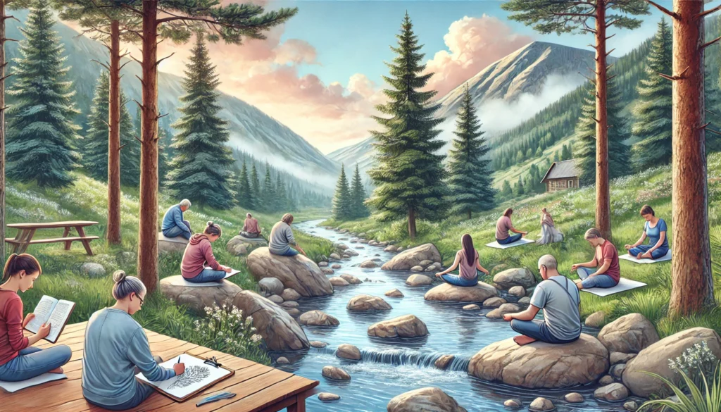 A serene mountain retreat where people are engaged in stress relief activities. Some individuals sit on large rocks near a gentle stream, journaling or sketching, while others practice deep breathing exercises on a wooden deck. Tall pine trees surround the area, and the backdrop features majestic mountain peaks with soft clouds drifting by.