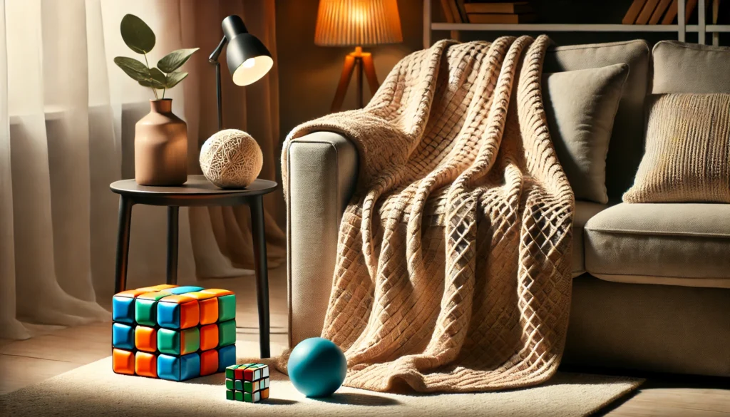 A cozy living room with a weighted blanket draped over a plush sofa. On a side table, a stress ball and Rubik's cube are visible, emphasizing a relaxing space for stress relief.
