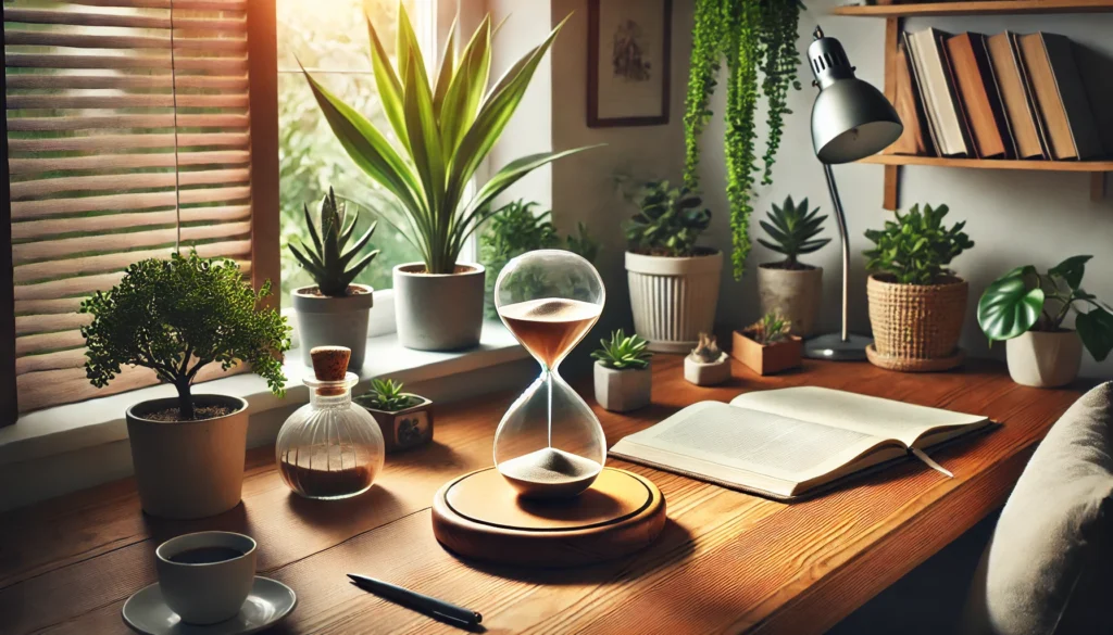 A tranquil home office setup with a sand pendulum in motion on a wooden desk, surrounded by potted plants and a notebook. Natural light enhances the calm and stress-relieving atmosphere.