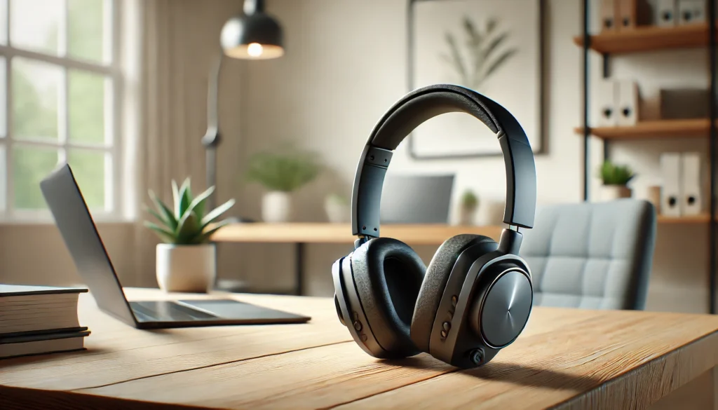 A remote worker wearing a noise-canceling headset, deeply focused on a laptop in a beautifully lit home office. The workspace features a wooden desk with a neatly placed notebook, a coffee mug, and potted plants. Sunlight streams through large windows, creating a warm and inspiring atmosphere ideal for maintaining concentration while working from home.