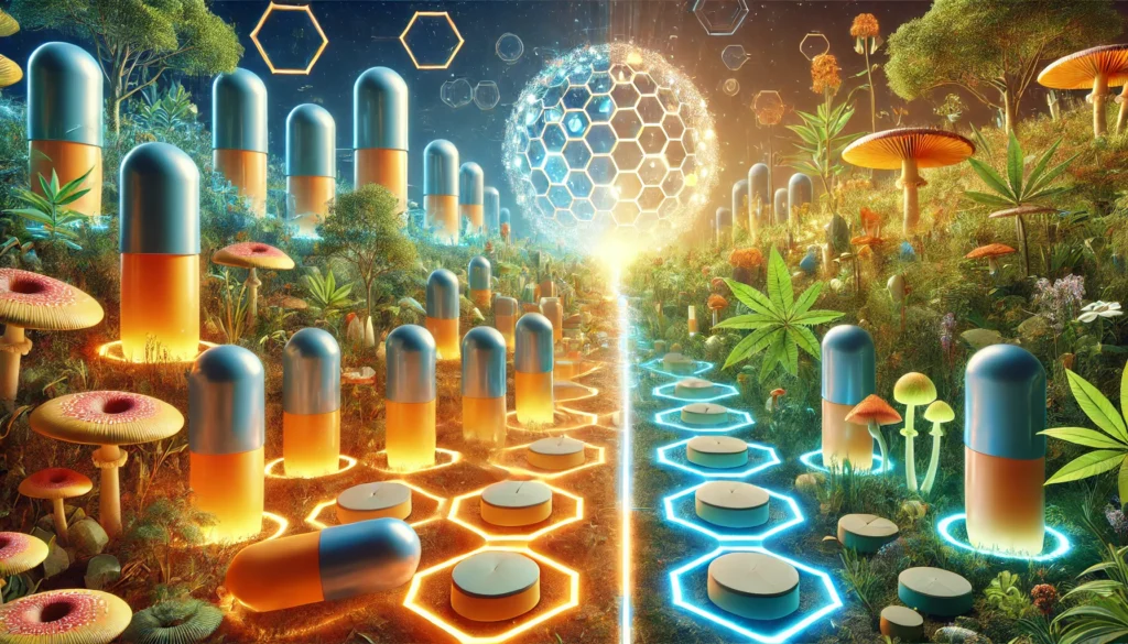 An artistic depiction of Adderall capsules in a clinical setting connected to natural nootropics like herbs and mushrooms, highlighting their combined potential for cognitive enhancement.