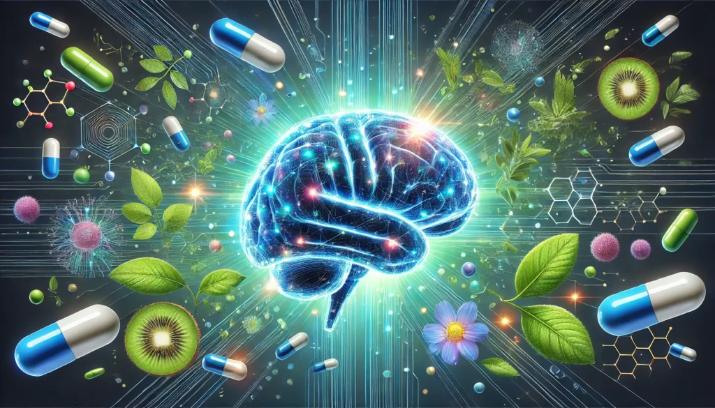 "A futuristic illustration of a brain with glowing neural pathways, surrounded by capsules and natural elements, symbolizing the synergy between Adderall and nootropics.