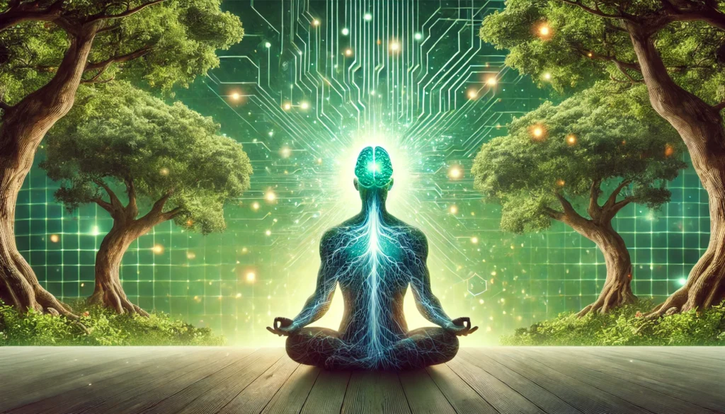 A serene image of a meditating person with glowing neural patterns on their head, blending natural and digital elements to represent cognitive enhancement through Adderall and nootropics.