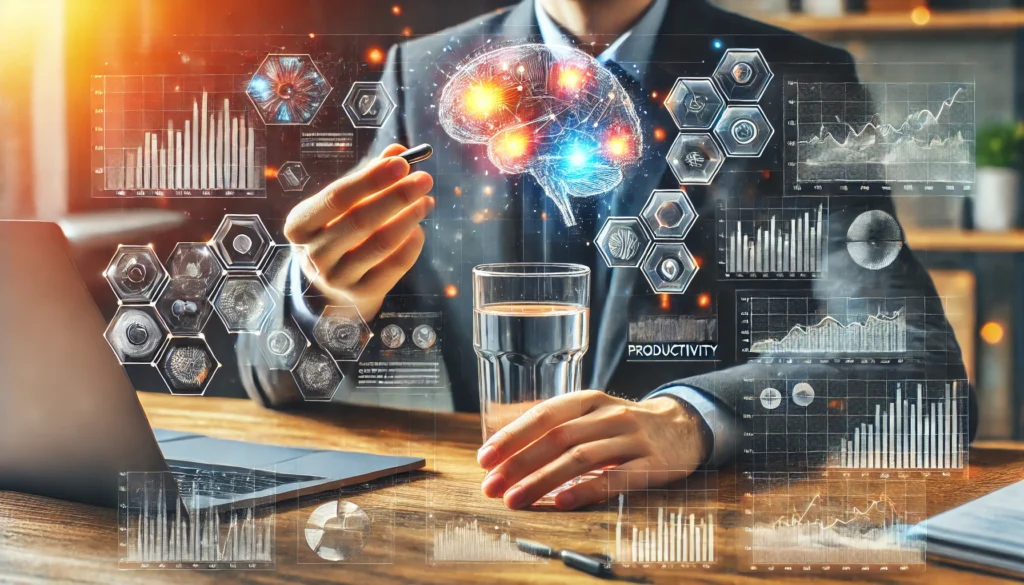 A dynamic image of a professional taking a supplement capsule with a glass of water while working on a laptop, with digital overlays of brain activity and productivity graphs.

ALT Text: "A professional taking a supplement for focus and concentration while working, with digital overlays of brain activity and productivity graphs."