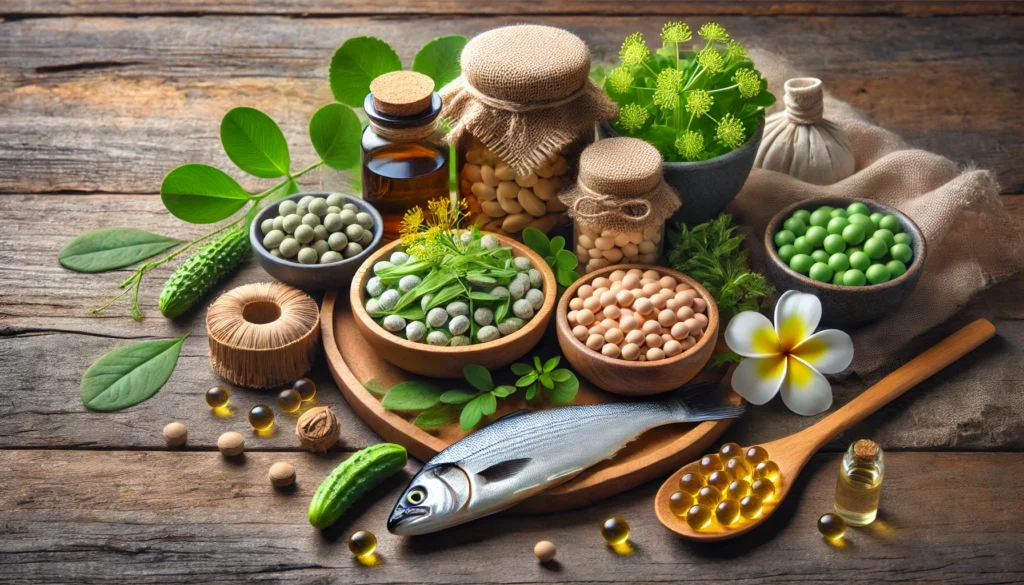 A natural-themed composition featuring supplements for focus and concentration, arranged with fresh ingredients like ginkgo biloba, omega-3 fish oil, and bacopa monnieri on a rustic wooden table.

ALT Text: "Natural supplements for focus and concentration displayed alongside ingredients like ginkgo biloba and omega-3 fish oil on a rustic table."