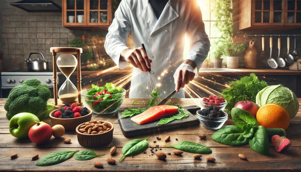 A dynamic image of a nutritionist preparing a meal with foods known for their benefits to the nervous system, such as salmon, nuts, leafy greens, and berries, on a well-lit kitchen countertop.

ALT Text: "A nutritionist preparing a healthy meal with foods like salmon and nuts, demonstrating a diet that supports nervous system health."