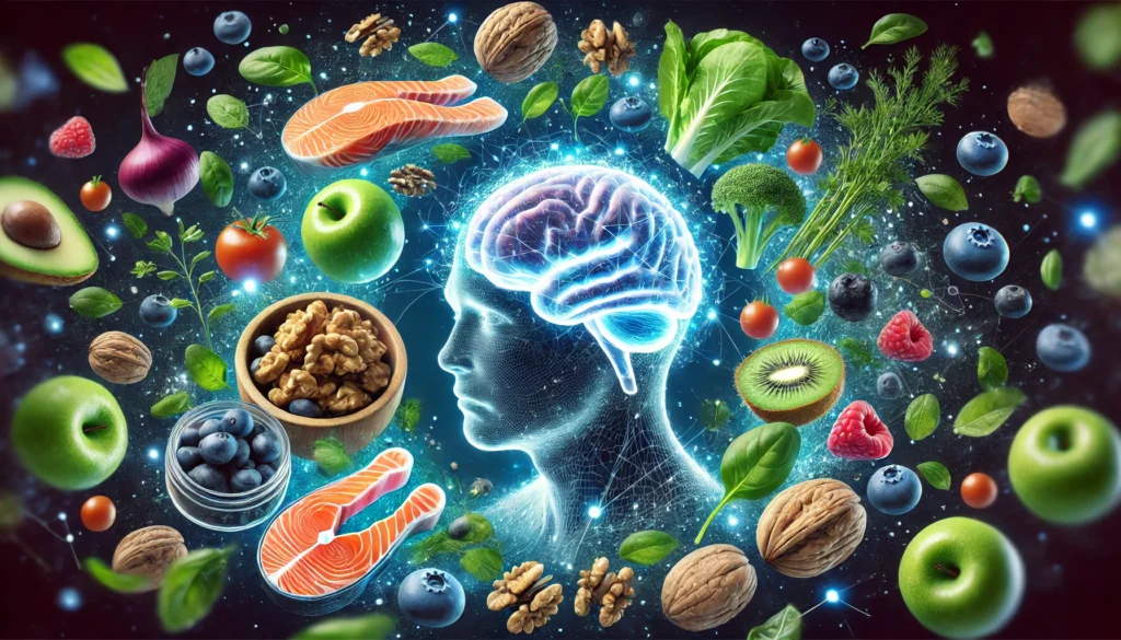 A futuristic visualization of a human brain surrounded by floating food items like salmon, walnuts, blueberries, and leafy greens, symbolizing the connection between diet and nervous system health.

ALT Text: "A futuristic depiction of a brain with floating superfoods, emphasizing the role of nutrition in supporting nervous system function."