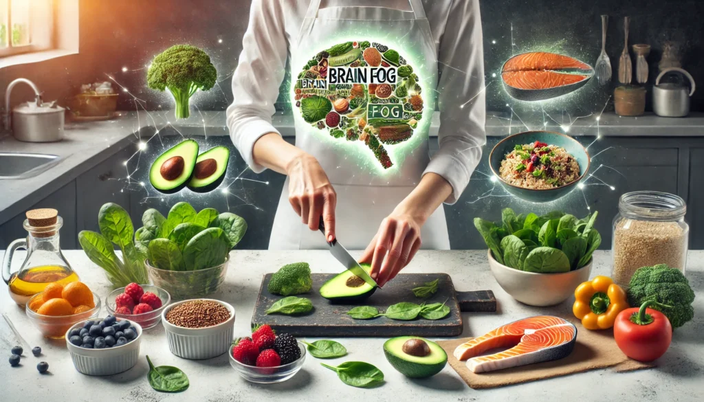 A dynamic image of a nutritionist preparing a brain-boosting meal – Including salmon, avocado, quinoa, spinach, and berries, emphasizing healthy eating for mental clarity.