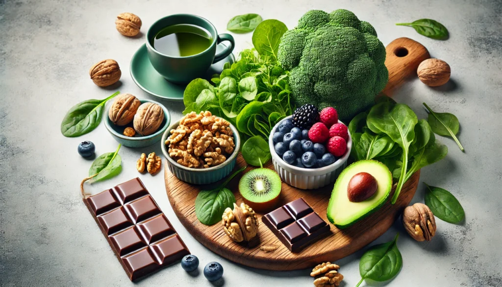 A natural-themed composition with brain-supporting foods – Featuring a wooden cutting board with leafy greens, walnuts, berries, dark chocolate, and green tea.