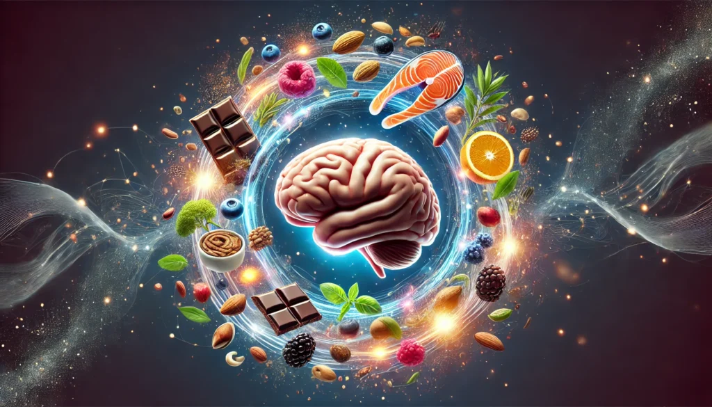 Futuristic visualization of a human brain infused with nutrients – Highlighting the cognitive benefits of omega-3 rich salmon, berries, dark chocolate, and nuts.