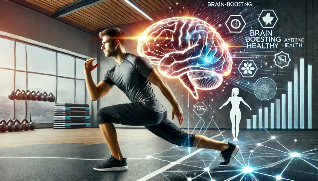 "A dynamic image of a fitness trainer demonstrating a brain-boosting exercise, such as yoga or aerobic movement, in a well-lit, modern indoor gym, illustrating the connection between physical activity and brain health."