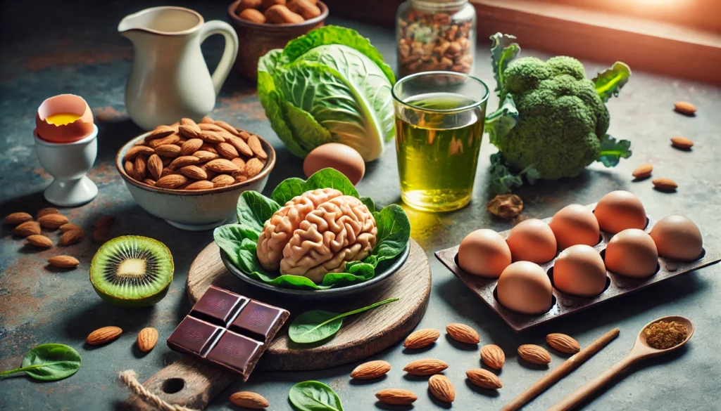 A beautifully arranged still-life composition of brain-boosting foods for seniors, including almonds, dark chocolate, leafy greens, eggs, and a cup of green tea, displayed on a rustic kitchen counter with soft morning light.