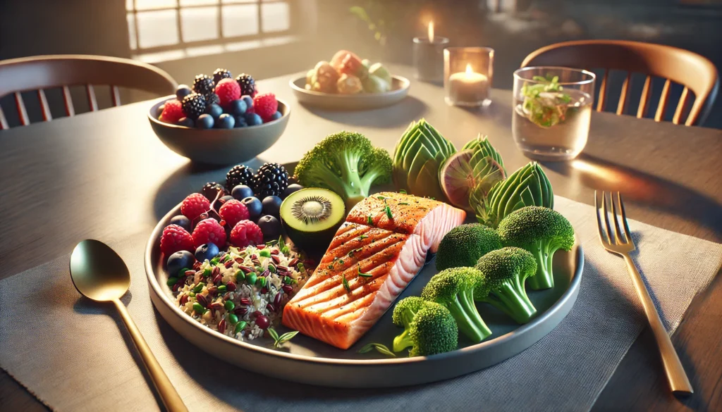 A high-quality digital rendering of a nutrient-rich meal designed for senior brain health, featuring grilled salmon, steamed broccoli, quinoa, and a side of mixed berries, served on a modern dining table with soft, warm lighting.