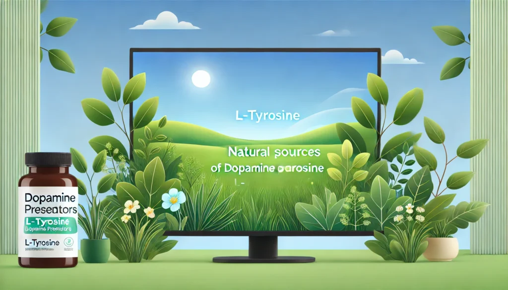 Peaceful nature scene featuring a sunny meadow with lush leafy green plants, symbolizing natural sources of dopamine precursors like L-Tyrosine, vitality, and motivation