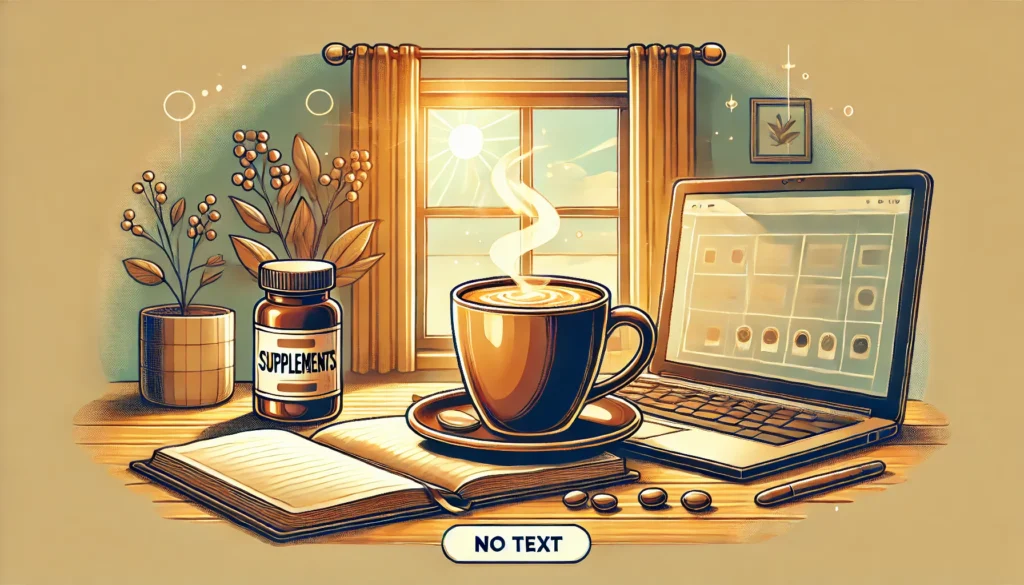 Cozy indoor scene with a steaming cup of coffee, an open notebook, and a small bottle of supplements on a table, symbolizing focus and motivation-enhancing routines with warm sunlight streaming in.