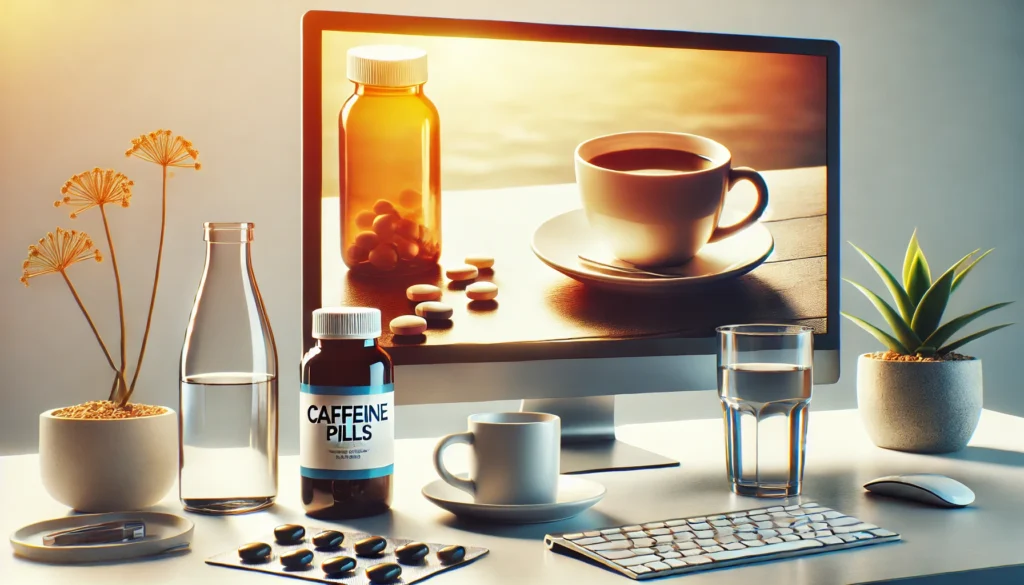 Modern workspace featuring a bottle of caffeine pills, a cup of coffee, and a glass of water on a sleek desk, illuminated by natural sunlight to symbolize energy and focus in a balanced lifestyle