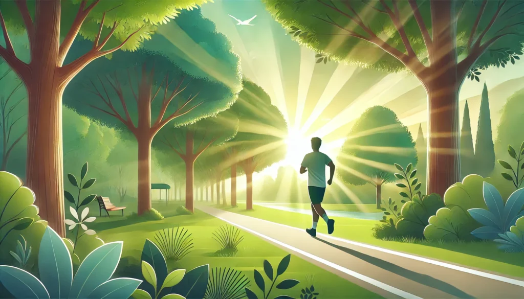 Serene outdoor park with a person jogging along a tree-lined path, surrounded by green trees and soft sunlight, emphasizing the natural benefits of exercise for energy and mental clarity.