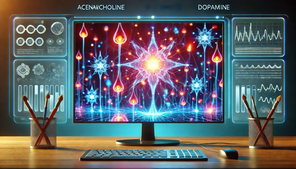 Vibrant neural network with glowing synapses and connections, illustrating the role of neurotransmitters like acetylcholine, glutamate, and dopamine in memory and cognitive function.