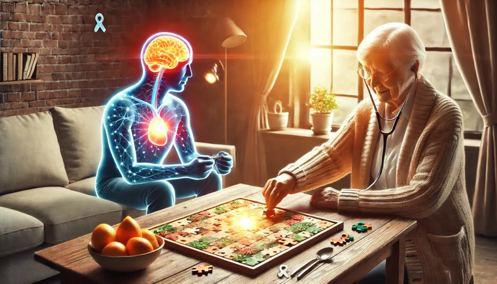 Elderly person solving a stimulating puzzle game at a cozy living room table, with warm sunlight streaming through a window, symbolizing proactive efforts in cognitive health and memory enhancement during aging