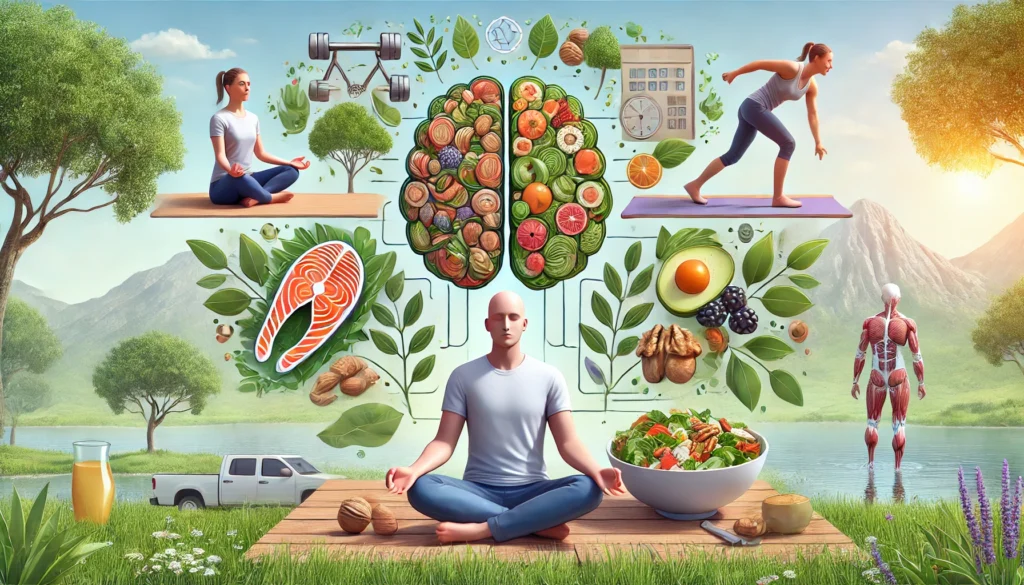 A lifestyle-focused scene with a person practicing mindfulness meditation, exercising outdoors, and eating a meal with brain-boosting foods like salmon, nuts, and leafy greens.

ALT Text: “How to improve memory: A healthy lifestyle approach featuring meditation, physical activity, and a nutritious diet.”