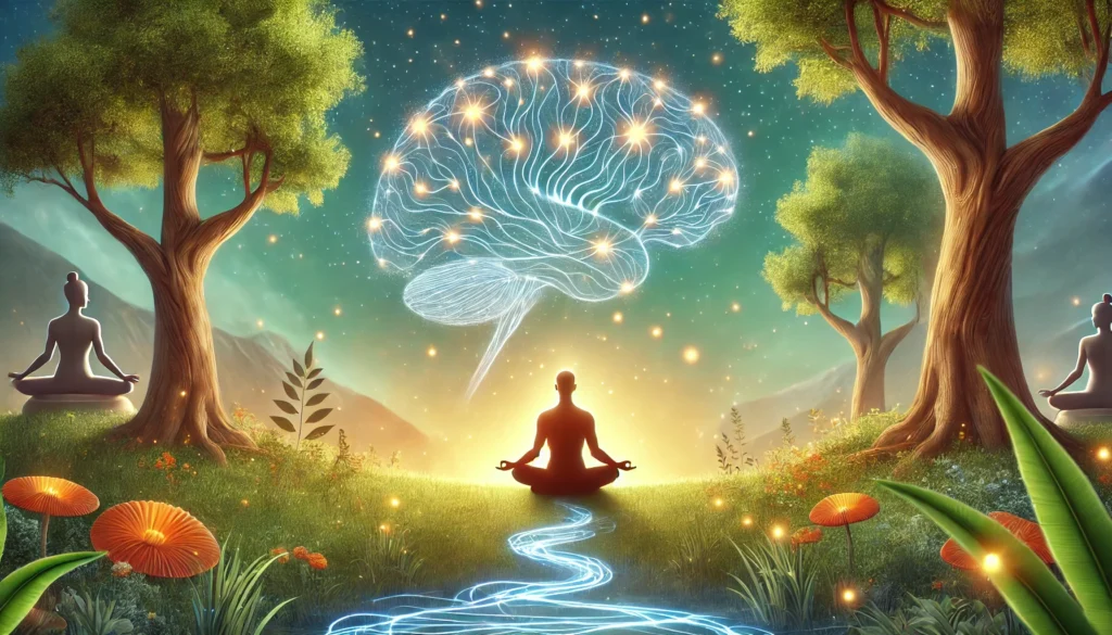 Mindfulness and Memory Enhancement
ALT Text: A peaceful scene of a person meditating with glowing neural pathways, symbolizing how mindfulness and meditation can be effective ways to help improve memory.