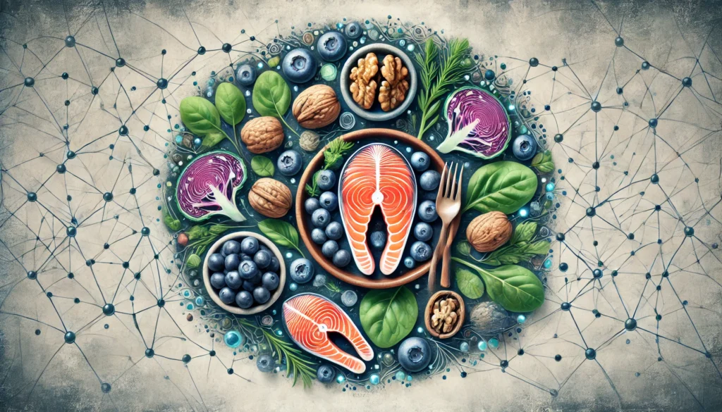 Brain-Boosting Foods
ALT Text: An artistic depiction of memory-enhancing foods such as blueberries, salmon, walnuts, and leafy greens, highlighting ways to help improve memory through proper nutrition.