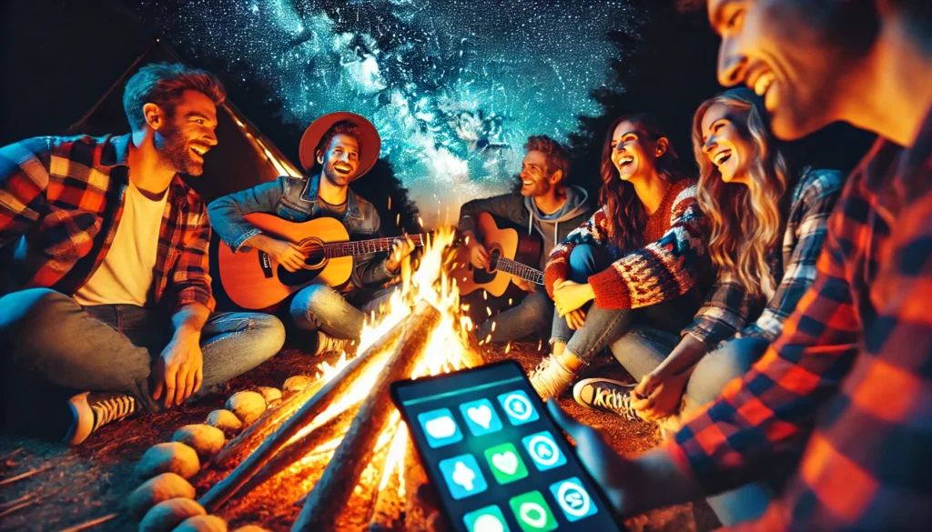 Image 3: Social Connection Without Screens

ALT text: "A vibrant outdoor scene of friends gathered around a bonfire at night, enjoying a digital detox challenge. They are laughing, sharing stories, and playing acoustic music under a starry sky, highlighting human connection and time away from screens."