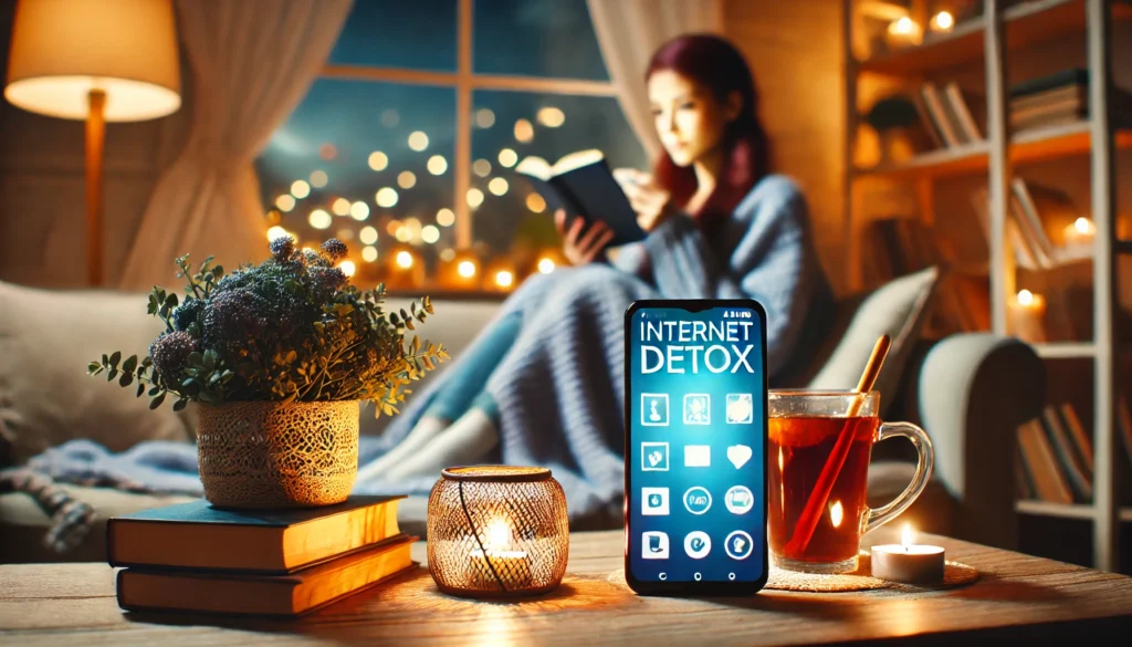 Image 4: Unwinding Without Digital Devices

ALT text: "A relaxing evening scene of a person unwinding without digital devices after using an internet detox app. The person is sipping tea, reading a book, and surrounded by soft lighting and cozy decor, symbolizing balance and a healthier relationship with technology."