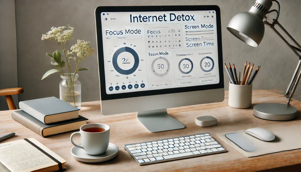 Image 2: Productivity and Focus with an Internet Detox App

ALT text: "A serene workspace featuring a desktop with an internet detox app running on the screen. The app interface includes focus mode settings and screen time analytics. The minimalistic desk has a cup of tea and a journal nearby, emphasizing digital mindfulness and productivity."