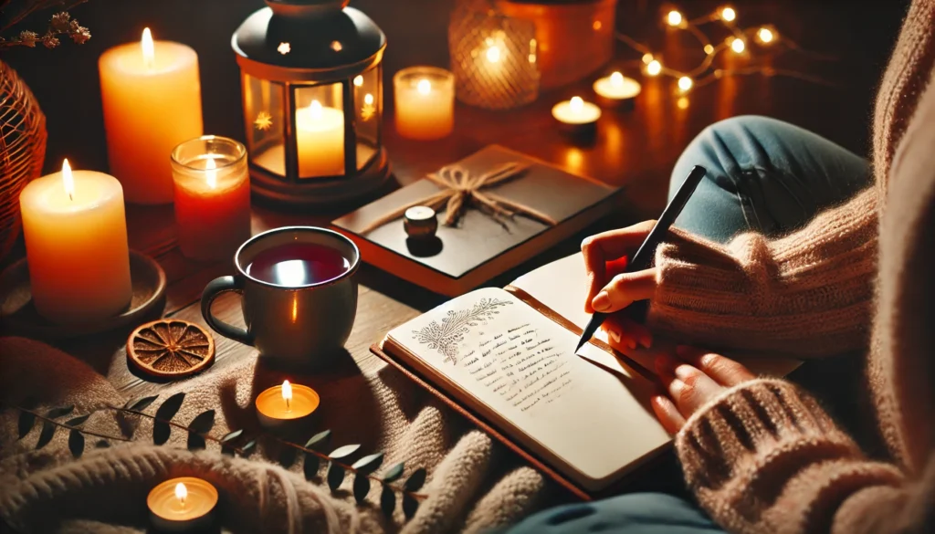 "A cozy candle-lit evening scene of a person journaling, reflecting on digital minimalism and unplugging from technology."